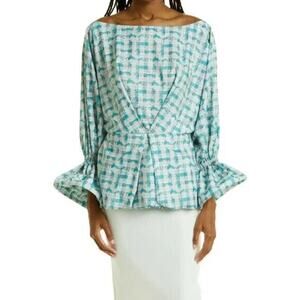 Kimberly Goldson NWOT Sola Bell Sleeve Plaid Blouse Blue Size S